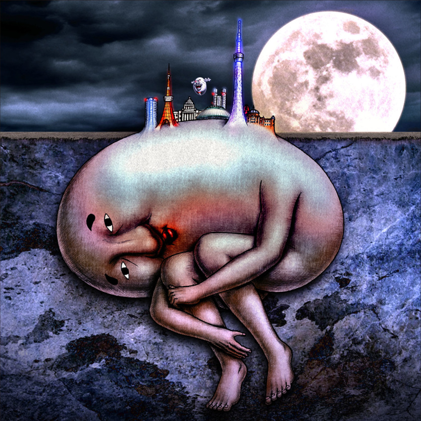 2others 88kasyo_junrei album_cover bald building completely_nude cover creature full_body full_moon highres hugging_own_legs knees_to_chest lips looking_at_viewer moon multiple_others night nude surreal taniguchi_takashi tokyo_tower tower