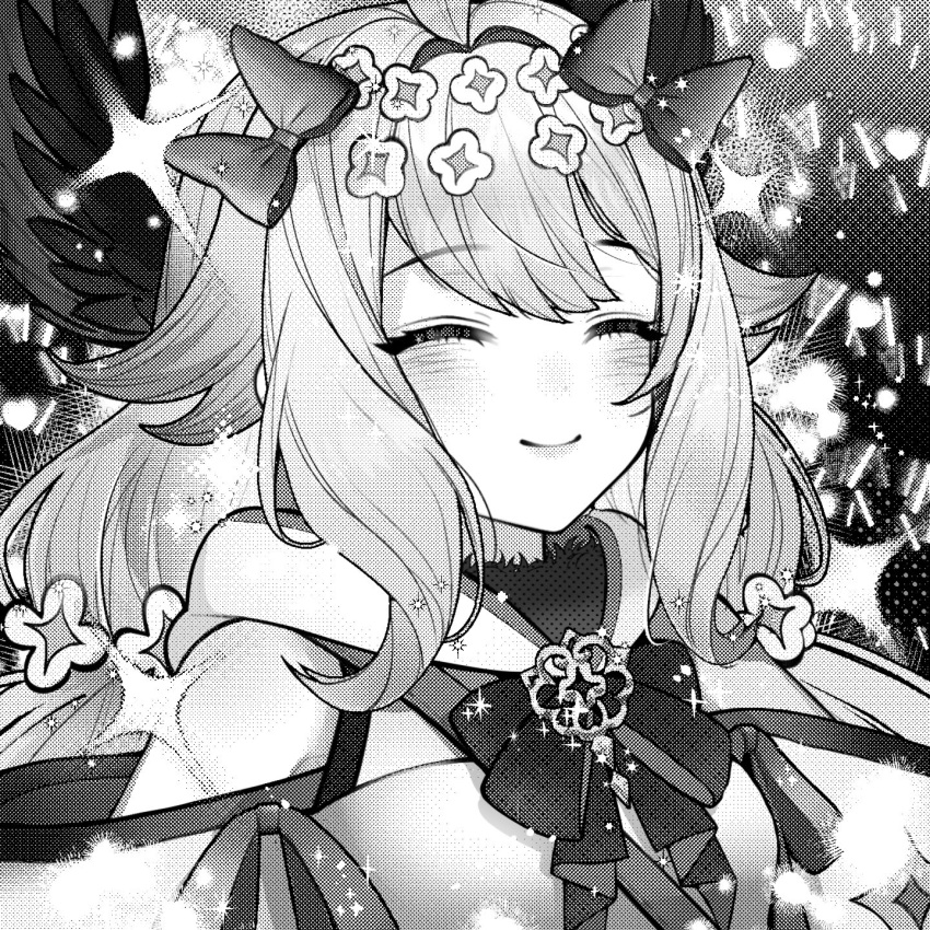 1girl ahoge blush bow closed_eyes crowd detached_sleeves english_commentary enna_alouette enna_alouette_(1st_costume) flower glowstick hair_bow hair_flower hair_ornament head_wings heart highres long_hair monochrome nijisanji nijisanji_en smile sparkle virtual_youtuber wings zhqng31670894