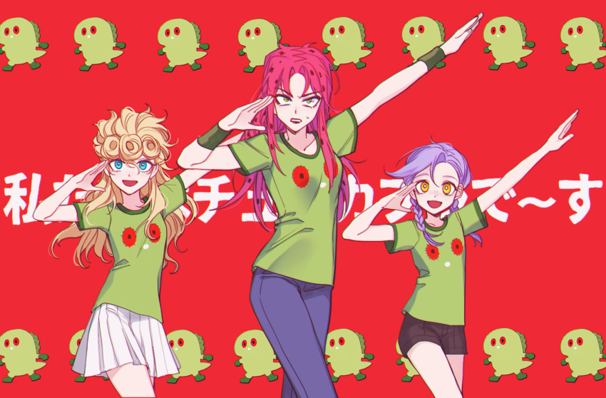 3girls black_shorts blonde_hair blue_eyes braid breasts commentary_request diavolo flat_chest genderswap genderswap_(mtf) giorno_giovanna green_eyes green_shirt jojo_no_kimyou_na_bouken lipstick long_hair low_twin_braids makeup medium_breasts miniskirt multiple_girls open_mouth pants pink_hair pleated_skirt purple_hair purple_pants sempon_(doppio_note) shirt short_shorts shorts skirt smile spotted_hair striped_clothes striped_shorts sweatdrop t-shirt translation_request twin_braids vento_aureo vinegar_doppio white_skirt wristband yellow_eyes