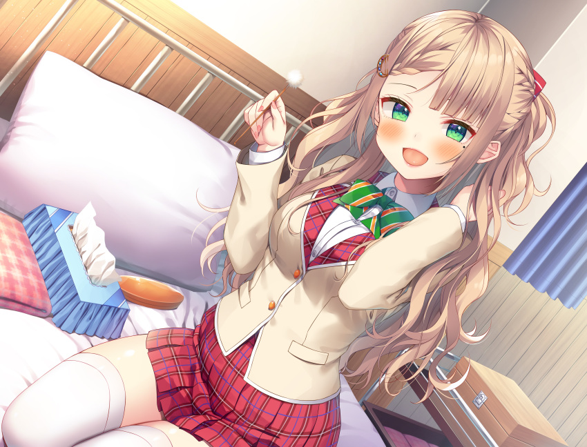 1girl :d absurdres asa_no_ha_(awayuki) blunt_bangs blush brown_hair brown_jacket curtains green_eyes highres indoors jacket long_hair long_sleeves looking_at_viewer mimikaki mole mole_under_eye non-web_source open_mouth original pillow plaid plaid_skirt pleated_skirt red_skirt school_uniform shirt sidelocks skirt smile solo thighhighs tissue_box wavy_hair white_shirt white_thighhighs