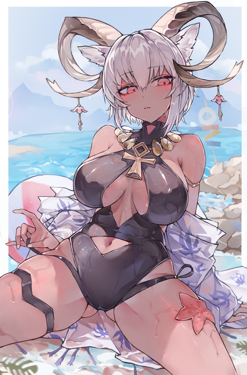 1girl absurdres animal_ears arknights arm_support ass_visible_through_thighs bare_shoulders blue_sky blush border breasts carnelian_(arknights) carnelian_(shimmering_dew)_(arknights) cleavage closed_mouth clothing_cutout commentary_request dark-skinned_female dark_skin eyelashes grey_hair hair_between_eyes highres horns large_breasts navel navel_cutout off_shoulder oreshki red_eyes shiny_clothes short_hair shy sitting skindentation sky solo spread_legs starfish swimsuit thigh_strap thighs wet white_border