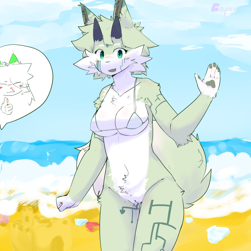 absurd_res anthro capaint female fur green_body green_eyes green_fur hi_res sea solo tail water white_body white_fur