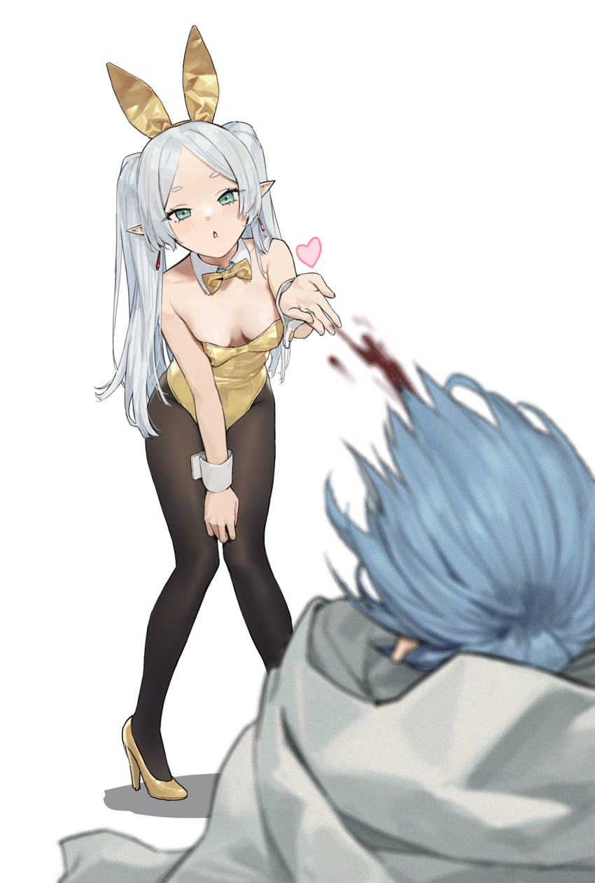 1boy 1girl animal_ears aroused_nosebleed bare_shoulders black_pantyhose blood blowing_kiss blue_hair blurry blurry_foreground breasts cancer_(zjcconan) cape commentary_request detached_collar detached_sleeves drop_earrings earrings elf excessive_nosebleed fake_animal_ears frieren frieren_blowing_a_kiss_(meme) gold_bowtie gold_footwear gold_leotard green_eyes heart high_heels highres himmel_(sousou_no_frieren) implied_nosebleed jewelry leaning_forward leotard light_blue_hair long_hair looking_at_another meme nosebleed oversized_breast_cup pantyhose parted_lips playboy_bunny pointy_ears puckered_lips rabbit_ears simple_background small_breasts sousou_no_frieren standing strapless strapless_leotard twintails white_background white_cape white_hair white_wrist_cuffs wrist_cuffs