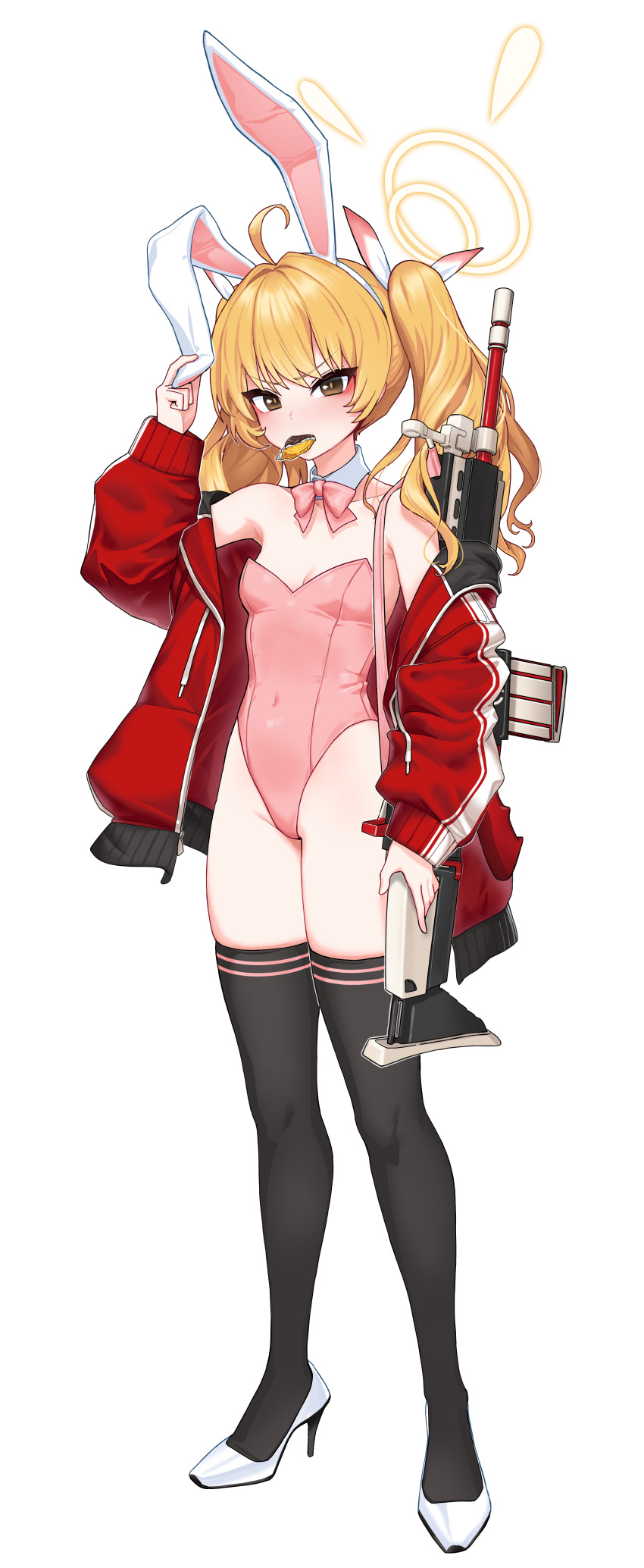 1girl absurdres ahoge alternate_costume animal_ears assault_rifle bare_shoulders blonde_hair blue_archive blush bow bowtie breasts brown_eyes cain_(gunnermul) candy chocolate_coin closed_mouth covered_navel detached_collar fake_animal_ears fn_scar fn_scar_17 food full_body gun hair_ribbon hairband halo high_heels highleg highleg_leotard highres jacket leotard long_hair looking_at_viewer mouth_hold off_shoulder open_clothes open_jacket playboy_bunny rabbit_ears red_jacket ribbon rifle simple_background small_breasts solo standing strapless strapless_leotard tail thighhighs transparent_background twintails weapon wrist_cuffs yoshimi_(blue_archive)
