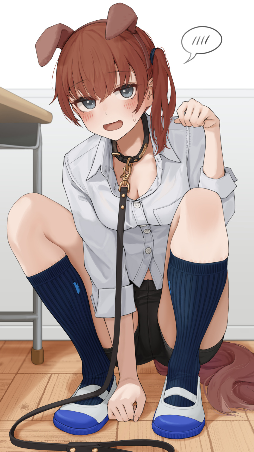 1girl absurdres animal_ears black_shorts blue_socks blush breasts brown_hair cleavage commentary_request dog_tail fake_animal_ears fake_tail grey_eyes highres kopaka_(karda_nui) leash long_sleeves looking_at_viewer medium_breasts open_mouth original shirt shoes shorts side_ponytail socks solo spoken_blush squatting tail white_footwear white_shirt