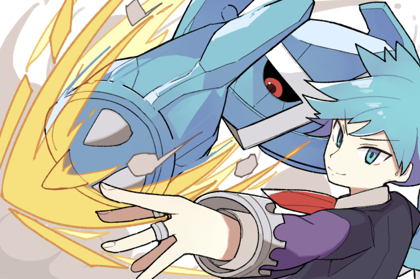 1boy aqua_eyes aqua_hair claws closed_mouth commentary_request highres jacket jewelry komineya_san long_sleeves male_focus metagross necktie outstretched_arm pokemon pokemon_(creature) pokemon_oras red_necktie ring shirt short_hair smile spiked_hair steven_stone white_background white_shirt