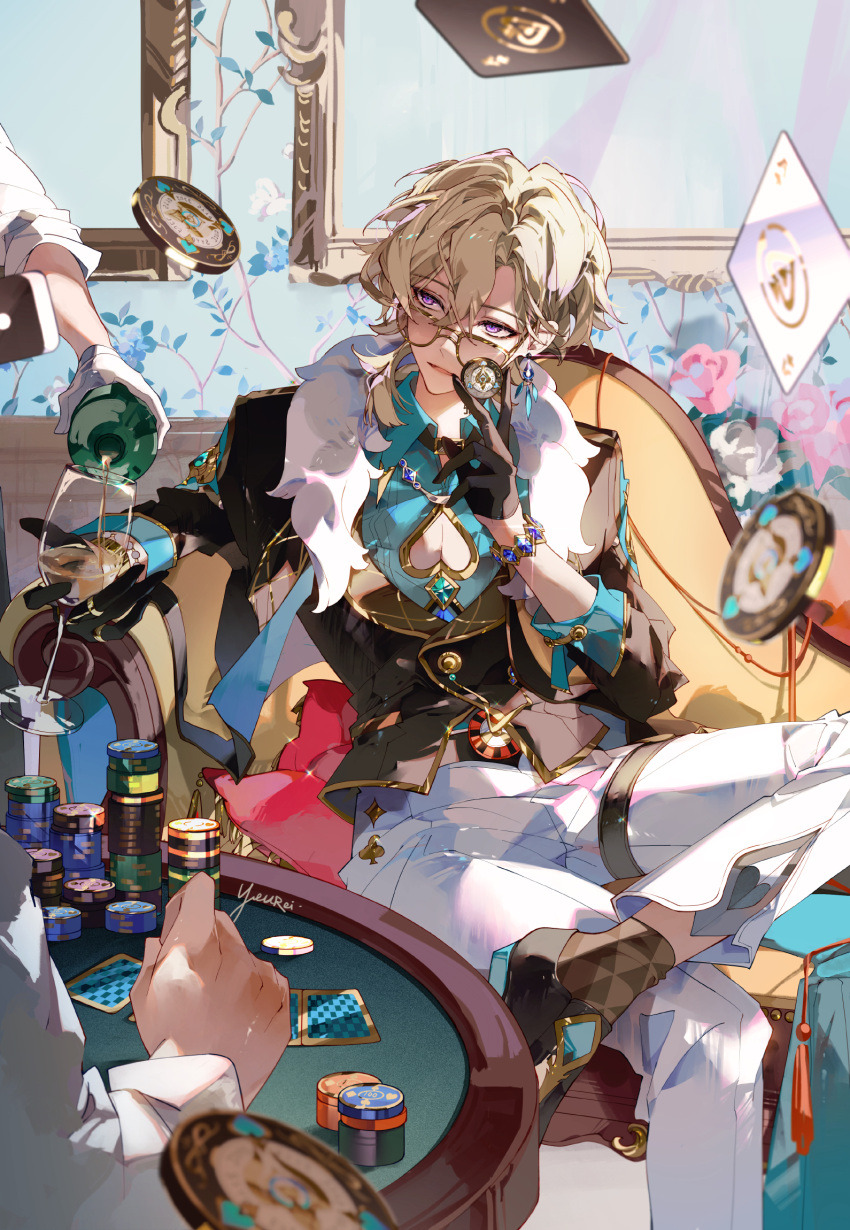 1boy alcohol aqua_gemstone aqua_shirt argyle_clothes argyle_footwear artist_name aventurine_(honkai:_star_rail) black_gloves black_shirt blonde_hair blue_gemstone blurry blurry_foreground brown_footwear brown_socks card clothing_cutout collared_shirt commentary_request couch cup drinking_glass earrings floating_card flower foot_out_of_frame gem gloves hair_over_shoulder heart_cutout highres holding honkai:_star_rail honkai_(series) jewelry long_sleeves looking_at_another on_couch open_mouth pants pink_flower pink_rose plant poker_chip poker_table pouring purple_eyes rose scarf shirt short_hair single_earring sitting socks solo_focus table two-tone_shirt white_flower white_pants white_rose white_scarf wine_glass yellow-framed_eyewear yeurei