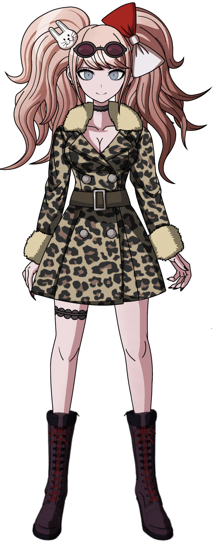 1girl absurdres animal_hair_ornament animal_print belt black_footwear blonde_hair blue_eyes boots bow breasts brown_choker buttons choker cleavage danganronpa:_trigger_happy_havoc danganronpa_(series) danganronpa_3_(anime) enoshima_junko full_body fur_trim hair_bow hair_ornament highres leopard_print magicalwaffleguy rabbit_hair_ornament red_nails solo thigh_choker twintails