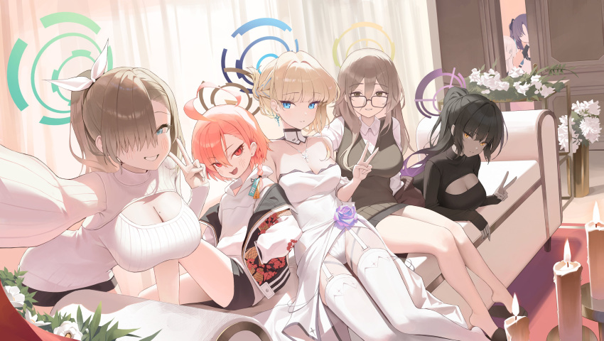 6+girls absurdres ahoge akane_(blue_archive) alternate_hairstyle asuna_(blue_archive) bare_shoulders black_hair blonde_hair blue_archive blue_eyes blue_hair breasts brown_eyes cleaning_&amp;_clearing_(blue_archive) cleavage couch dress fang garter_straps hair_over_one_eye halo high_ponytail highres indoors karin_(blue_archive) large_breasts light_brown_hair long_hair long_sleeves looking_at_viewer mole mole_on_breast mole_under_eye multicolored_hair multiple_girls neru_(blue_archive) noa_(blue_archive) on_couch orange_hair parted_lips ponytail purple_hair red_eyes short_hair sitting smile streaked_hair thighhighs toki_(blue_archive) wedding_dress white_dress white_hair white_thighhighs yarn_(yarn_03) yellow_eyes yuuka_(blue_archive)