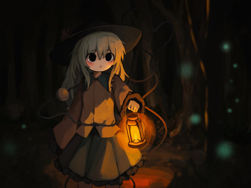 1girl :o black_eyes black_hat blush dark fireflies frilled_skirt frills green_skirt grey_hair hat highres holding holding_lantern komeiji_koishi lantern long_hair long_sleeves reverinth shirt skirt solo standing touhou yellow_shirt