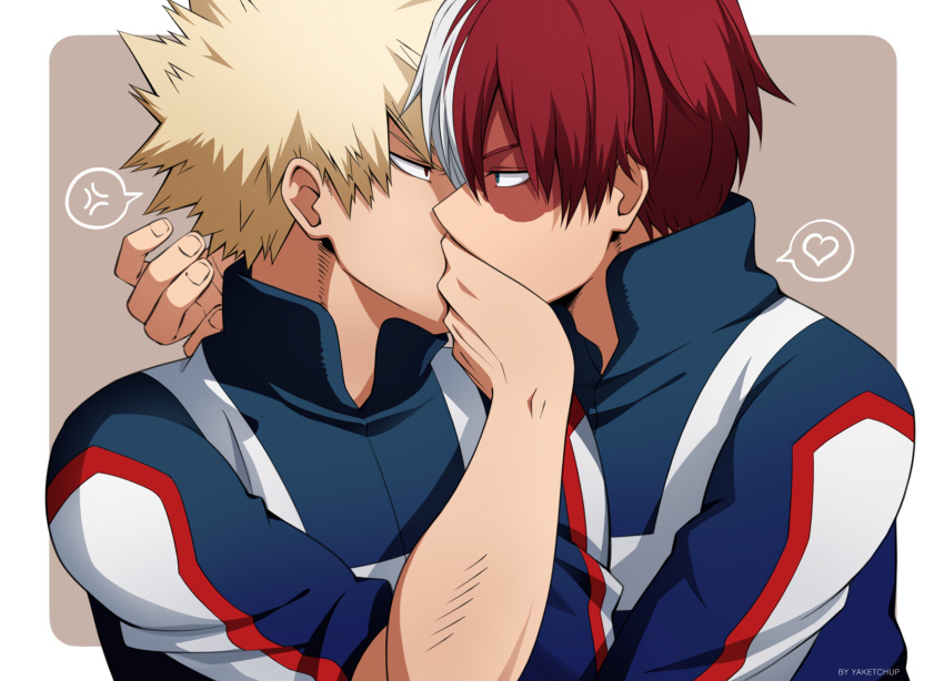 2boys anger_vein artist_name bakugou_katsuki blonde_hair boku_no_hero_academia brown_background covering_another's_mouth hand_over_another's_mouth heart highres male_focus multicolored_hair multiple_boys outline red_hair spiked_hair split-color_hair spoken_anger_vein spoken_heart todoroki_shouto u.a._gym_uniform upper_body white_hair white_outline yaketchup