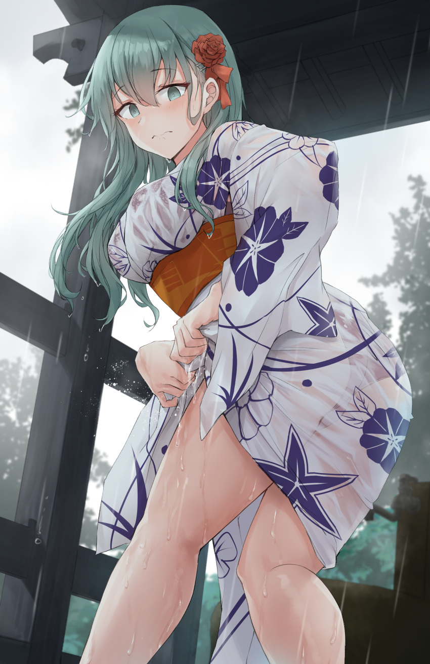 1girl absurdres aqua_hair commission empty_eyes hair_ornament hairclip highres japanese_clothes k_jie kantai_collection kimono long_hair outdoors panties rain red_panties see-through skeb_commission suzuya_(kancolle) teeth underwear upper_teeth_only wet wet_clothes white_kimono wringing_clothes yukata