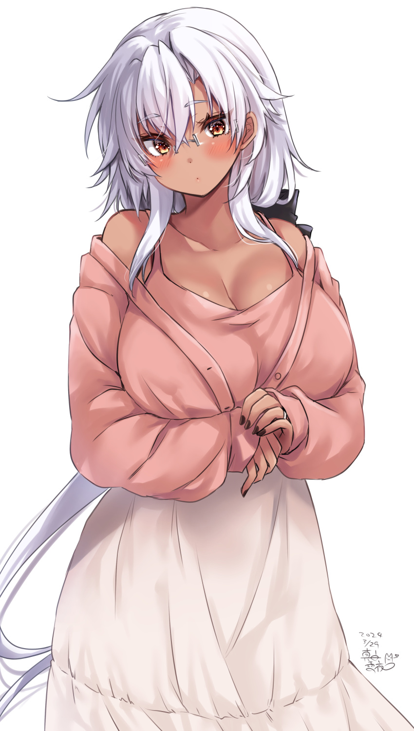 1girl absurdres alternate_costume alternate_hairstyle black_nails breasts brown_eyes cleavage dark-skinned_female dark_skin grey-framed_eyewear grey_hair hair_between_eyes highres huge_breasts jewelry kantai_collection long_hair long_sleeves low_ponytail mashiro_yukiya musashi_(kancolle) musashi_kai_ni_(kancolle) pink_shirt pink_tank_top rectangular_eyewear ring shirt skirt solo tank_top very_long_hair wedding_ring white_skirt