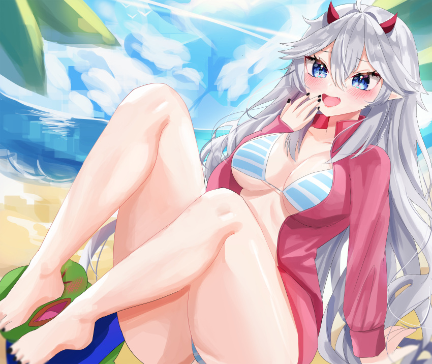 1girl absurdres beach bikini black_nails blue_bikini blue_eyes blue_sky blush breasts cleavage cloud demon_girl demon_horns fang highres horns indie_virtual_youtuber jacket large_breasts long_hair looking_at_viewer nail_polish open_mouth palm_leaf pink_jacket pointy_ears sand sky smile striped_bikini striped_clothes swimsuit vei_(vtuber) vei_(vtuber)_(8th_costume) virtual_youtuber wellski