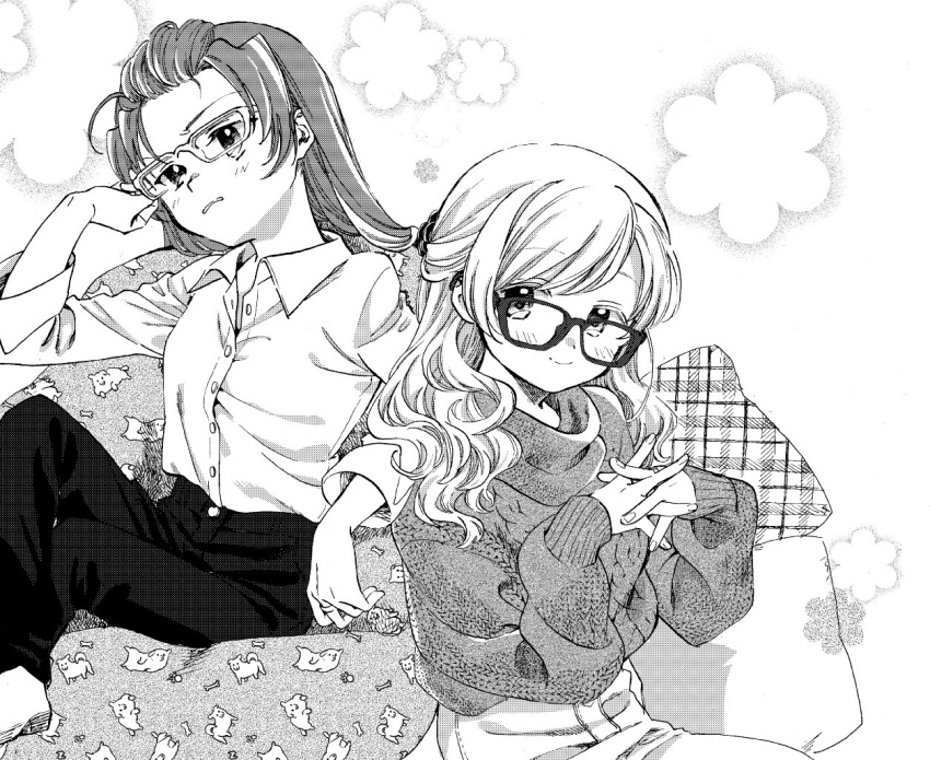 2girls alternate_costume alternate_hairstyle bangs_pinned_back bean_bag_chair bespectacled blush_stickers buttons casual clenched_teeth closed_mouth collared_shirt commentary_request denim fingernails flower forehead glasses glasses_day greyscale hair_flowing_over hair_ornament hand_in_own_hair high-waist_pants interlocked_fingers jeans long_hair long_sleeves looking_at_viewer mahou_shoujo_madoka_magica mahou_shoujo_madoka_magica_(anime) monochrome multiple_girls no+bi= on_chair own_hands_together pants pillow plaid sakura_kyoko shirt shoes simple_background sitting sleeves_past_wrists smile sweater teeth tomoe_mami turtleneck turtleneck_sweater wavy_hair white_background