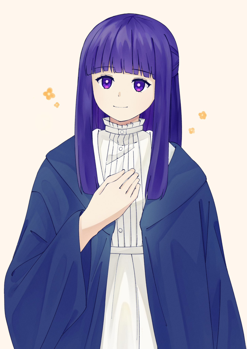 1girl black_coat blunt_bangs breasts closed_mouth coat collared_dress commentary_request dress fern_(sousou_no_frieren) frilled_dress frills highres kaiduka_(kaiduka00901) long_hair long_sleeves looking_at_viewer open_clothes open_coat purple_eyes purple_hair sidelocks simple_background smile solo sousou_no_frieren straight_hair upper_body white_background white_dress wide_sleeves