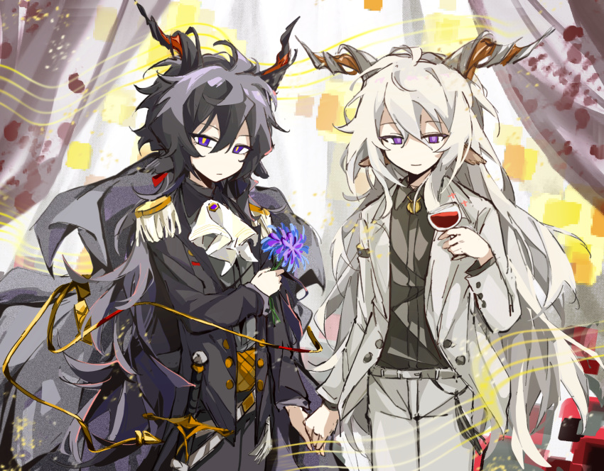 2boys alcohol arknights ascot belt black_jacket black_pants black_shirt blue_flower chinese_commentary closed_mouth collared_shirt commentary_request cup drinking_glass ebenholz_(arknights) epaulettes flower fringe_trim grey_belt highres holding holding_cup holding_flower holding_hands horns jacket jiekuijiangshadaonijiamenkou kreide_(arknights) long_hair long_sleeves male_focus multiple_boys open_clothes open_jacket pants purple_eyes shirt smile white_ascot white_hair white_jacket white_pants wine wine_glass yellow_pupils