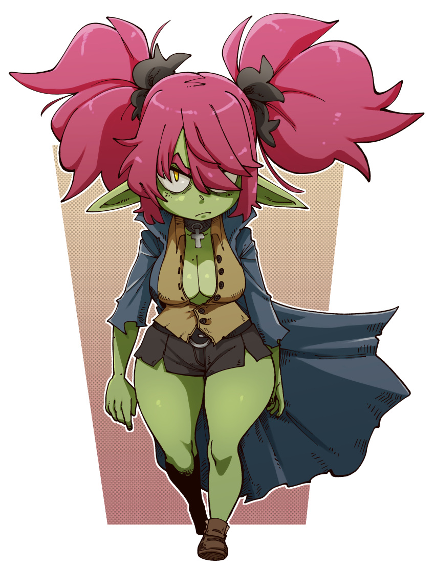 absurd_res breasts cleavage clothed clothing cross female goblin green_body green_skin hair hair_over_eye hi_res humanoid not_furry nuclearwasabi one_eye_obstructed solo wide_hips