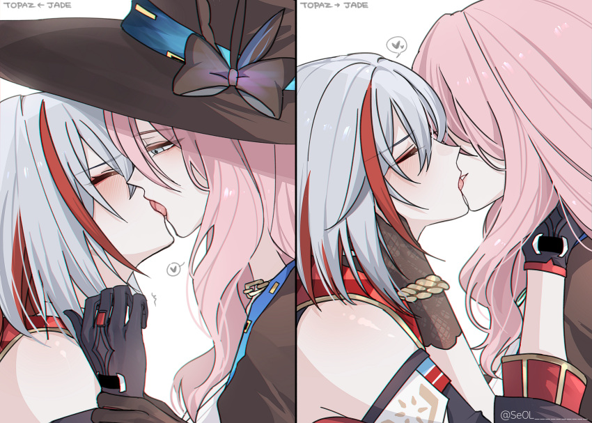 2girls ^_^ baconontheclock bare_shoulders black_bow black_gloves black_hat bow closed_eyes commentary french_kiss gloves grey_eyes hat hat_bow highres honkai:_star_rail honkai_(series) jade_(honkai:_star_rail) kiss long_hair multicolored_hair multiple_girls multiple_views pink_hair red_hair simple_background streaked_hair topaz_(honkai:_star_rail) white_background white_hair yuri