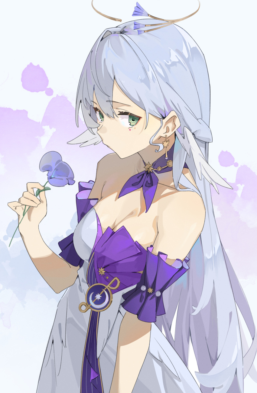 1girl bare_shoulders breasts choker cleavage closed_mouth dress earrings flower from_side green_eyes grey_dress grey_hair hair_between_eyes halo head_wings highres holding holding_flower honkai:_star_rail honkai_(series) jewelry long_hair looking_to_the_side lycsakd medium_breasts purple_choker purple_dress purple_flower robin_(honkai:_star_rail) solo strapless strapless_dress two-tone_dress upper_body white_background wings