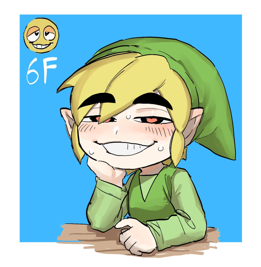 5_fingers blonde_hair blush bodily_fluids border clothing elf emoji fingers hair hat headgear headwear heart_eyes heart_symbol hi_res humanoid humanoid_pointy_ears hylian light_body light_skin looking_pleasured male narrowed_eyes nintendo not_furry oshirimarsh simple_background smile solo sweat the_legend_of_zelda toon_link white_border wind_waker