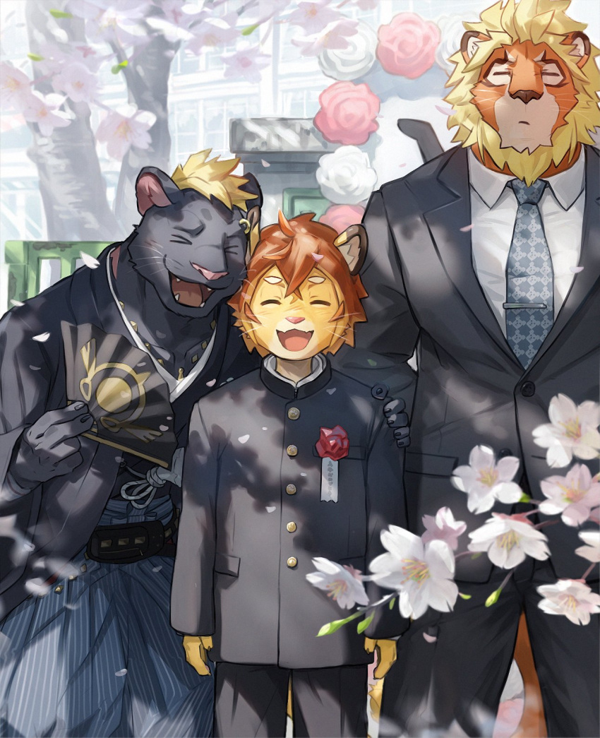 anthro asian_clothing blonde_hair ceremony cherry_blossom claw_(world_flipper) clothing cygames east_asian_clothing father_(lore) father_and_child_(lore) father_and_son_(lore) felid group hair hand_on_shoulder hi_res holding_fan japanese_clothing kimono lion magnos_(world_flipper) male mammal pantherine parent_(lore) parent_and_child_(lore) parent_and_son_(lore) photo plant school school_uniform smile son_(lore) suit teo_(world_flipper) uniform waahurikya world_flipper