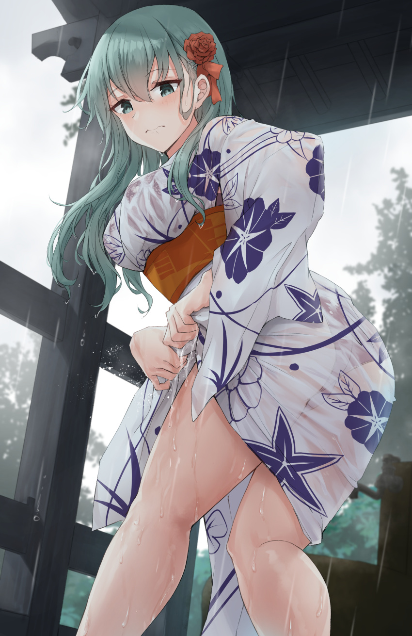 1girl absurdres aqua_hair commission hair_ornament hairclip highres japanese_clothes k_jie kantai_collection kimono long_hair outdoors panties rain red_panties see-through skeb_commission suzuya_(kancolle) teeth underwear upper_teeth_only wet wet_clothes white_kimono wringing_clothes yukata