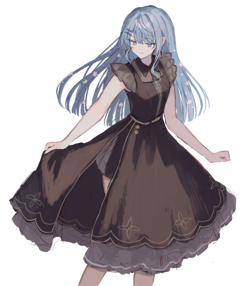 1girl black_dress blue_eyes blue_hair closed_mouth collared_dress dot_nose dress earrings feet_out_of_frame flower frilled_dress frilled_sleeves frills hair_flower hair_ornament highres hip_vent hololive hoshimachi_suisei hoshimachi_suisei_(maid) jewelry long_dress long_hair looking_at_viewer mametarou_(mameji) official_alternate_costume short_sleeves side_slit sidelocks simple_background smile solo standing virtual_youtuber white_background