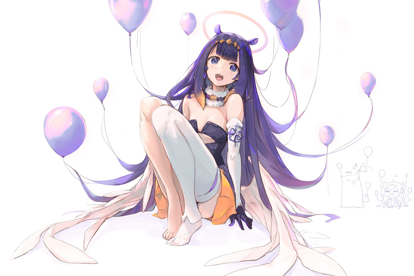 1girl arm_support armpit_crease balloon bangs barefoot blunt_bangs blush breasts detached_collar detached_sleeves feathered_wings fur_collar gloves gradient_hair halo highres hololive hololive_english knees_up legs long_hair long_legs looking_at_viewer low_wings multicolored_hair ninomae_ina'nis no_shoes open_mouth orange_hair orange_skirt purple_eyes purple_gloves purple_hair purple_ribbon purple_shirt ribbon shiny shiny_hair shirt sidelocks simple_background single_bare_leg single_detached_sleeve single_thighhigh sitting skirt sleeveless sleeveless_shirt small_breasts solo takodachi_(ninomae_ina'nis) tallgeese_(lgeesel) teeth tentacle_hair thighhighs thighs toes tongue upper_teeth very_long_hair virtual_youtuber white_background white_sleeves wings
