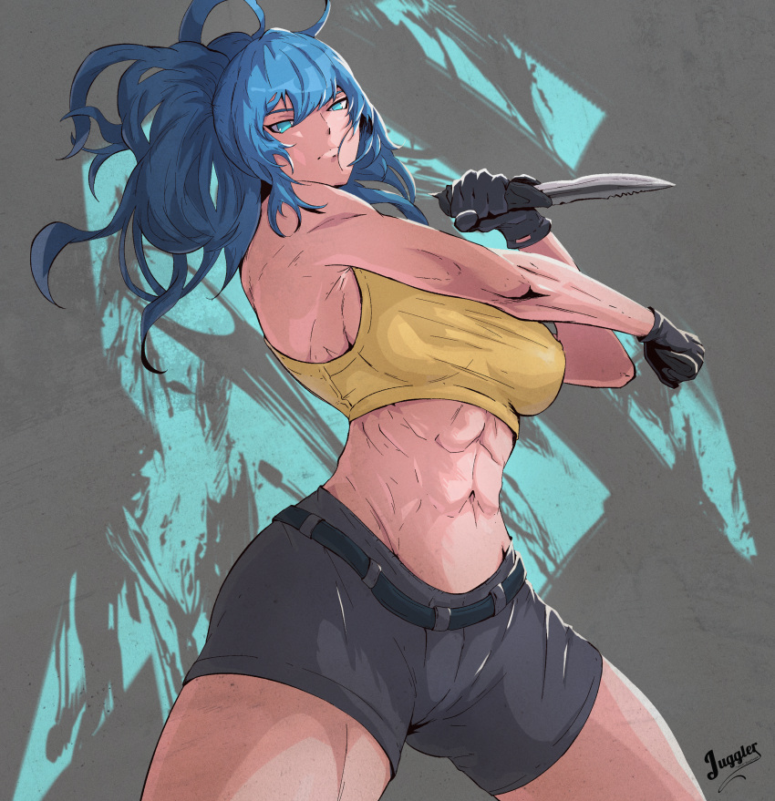 1girl abs absurdres belt black_belt black_gloves black_shorts blue_eyes blue_hair breasts gloves highres holding holding_knife juggler_(sun_juggler) knife leona_heidern looking_at_viewer muscular muscular_female ponytail shirt shorts the_king_of_fighters the_king_of_fighters_xv yellow_shirt