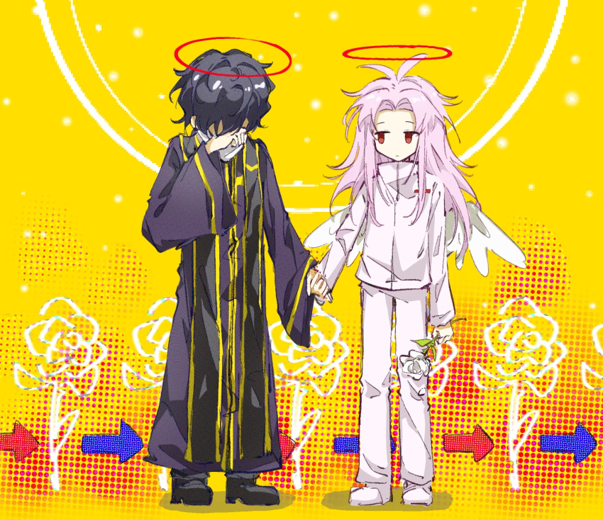 2boys black_footwear black_hair chinese_commentary commentary_request expressionless flower full_body gold_trim halo hatsutori_hajime highres holding holding_flower hood hood_down hooded_robe jiekuijiangshadaonijiamenkou long_hair long_sleeves male_focus multiple_boys no_nose pants parted_bangs pink_hair purple_robe red_eyes red_halo robe rose saibou_shinkyoku shirt short_hair stole utsugi_noriyuki white_flower white_footwear white_pants white_rose white_shirt white_wings wide_sleeves wings