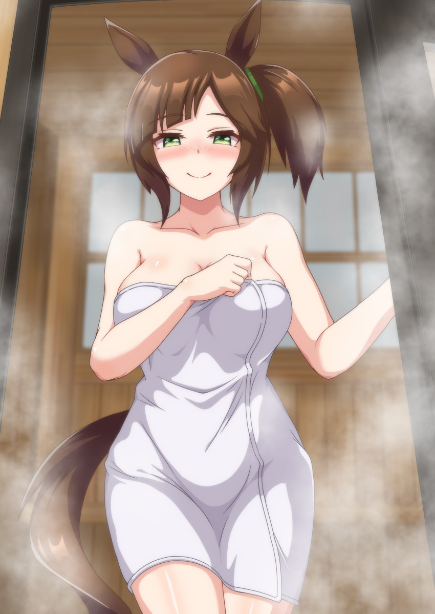 1girl absurdres animal_ears blush breasts brown_hair cleavage closed_mouth collarbone commentary_request freckles green_eyes hair_between_eyes highres horse_ears horse_girl ines_fujin_(umamusume) large_breasts looking_at_viewer medium_hair naked_towel shiodanx smile solo steam towel umamusume