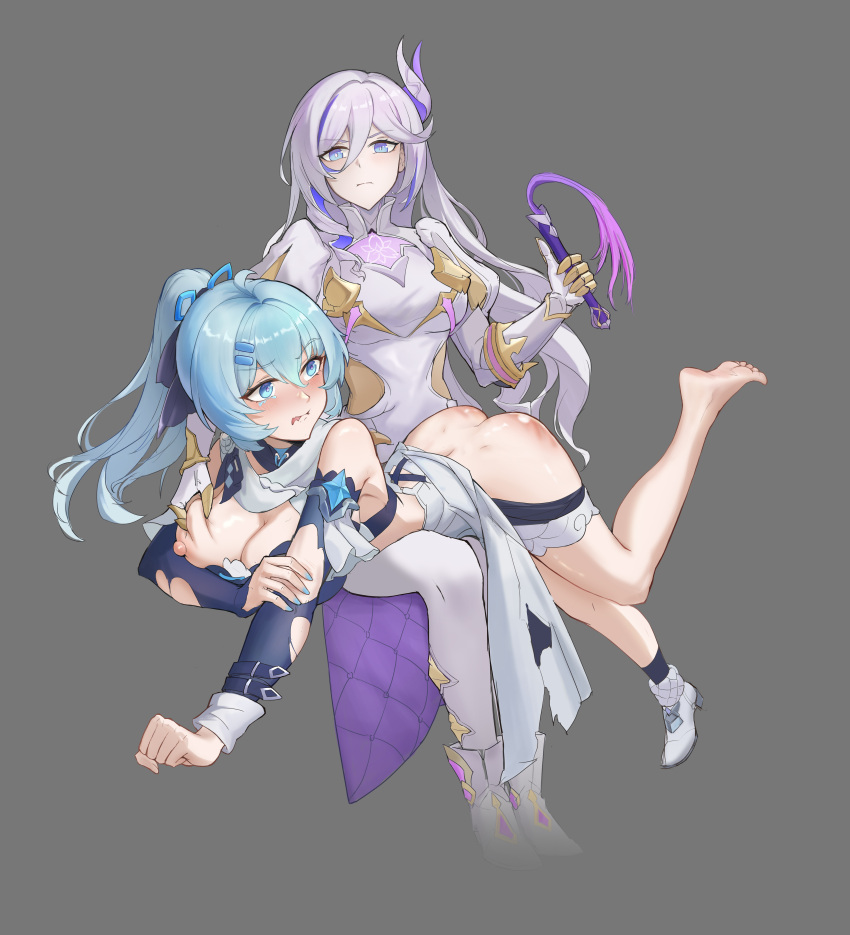 2girls absurdres ahoge ass attack_of_the_hatogod blue_bow blue_eyes blue_hair blue_nails blue_sleeves bow breasts defeat dress full_body grey_background hair_bow hair_ornament hare_(honkai_impact) highres holding holding_whip honkai_(series) honkai_impact_3rd large_breasts long_sleeves multiple_girls nail_polish nipples open_mouth ponytail puffy_long_sleeves puffy_sleeves purple_hair shigure_kira shoes simple_background single_shoe soles spanking toes torn_clothes white_dress