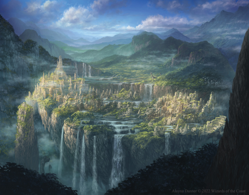 alayna_danner bird_wings blue_sky building commentary day dinosaur english_commentary fantasy highres landscape magic magic:_the_gathering mountainous_horizon nature no_humans prehistoric_animal scenery sky water waterfall wings