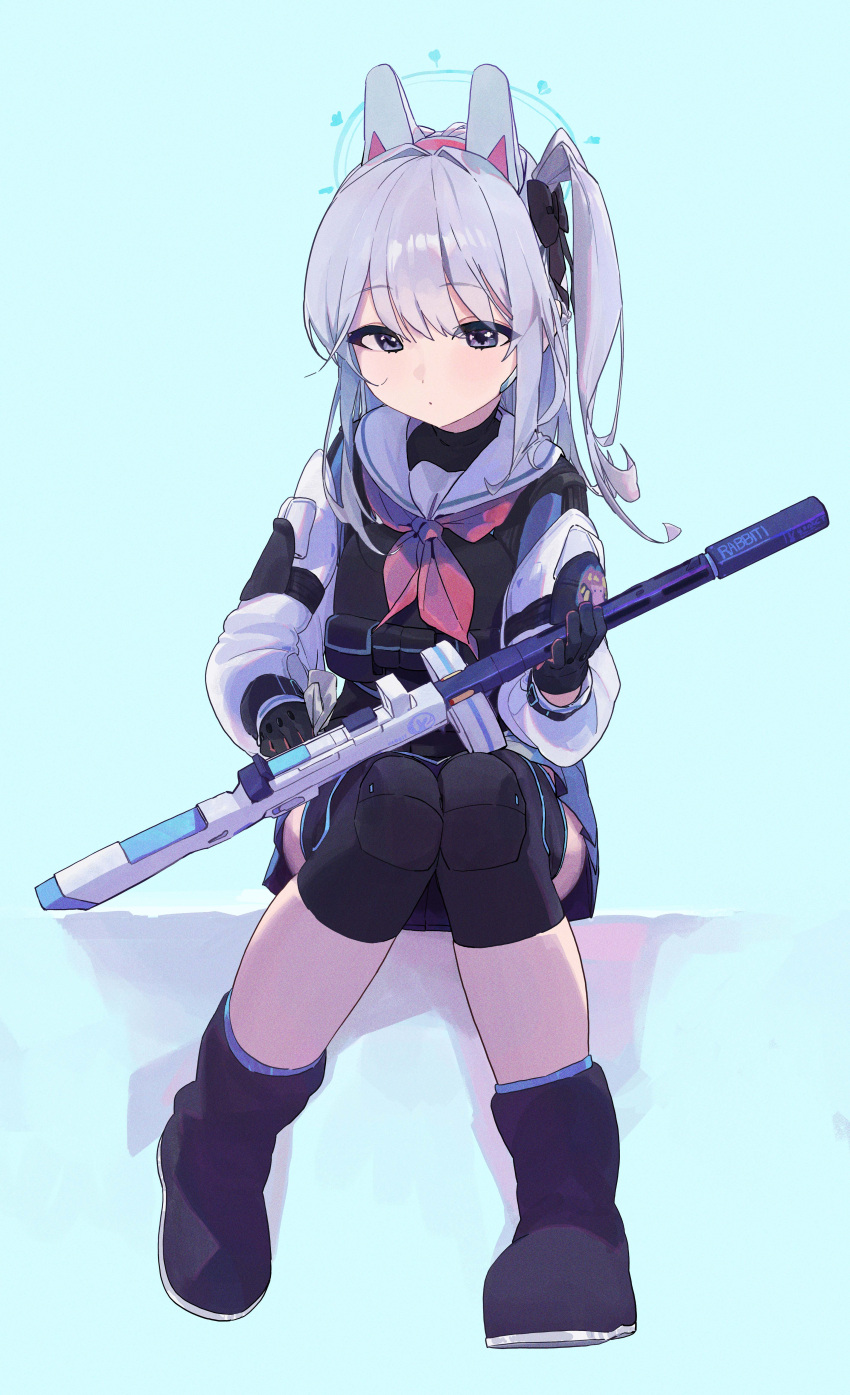 1girl absurdres aqua_background bangs black_bow black_footwear black_gloves blue_archive blue_skirt boots bow bulletproof_vest full_body gloves grey_hair gun hair_bow highres holding holding_gun holding_weapon ikky knee_pads long_hair long_sleeves miyako_(blue_archive) neckerchief one_side_up pink_neckerchief purple_eyes sailor_collar school_uniform serafuku simple_background sitting skirt solo submachine_gun suomi_kp/-31 tactical_clothes weapon white_sailor_collar