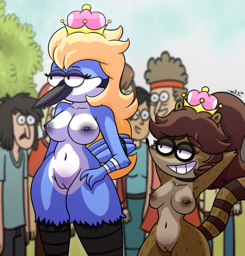 anthro avian big_breasts big_butt bird blonde_hair blue_body blue_jay breasts brown_body brown_fur brown_hair butt cartoon_network chaclaveloz corvid crossgender crown duo exhibitionism eyelashes eyeshadow feathers female female/female fur genitals hair hi_res human humanoid jay_(bird) looking_at_another makeup male mammal mario_bros meme mordecai_(regular_show) multicolored_body multicolored_fur new_world_jay nintendo nipples nude oscine passerine piercing pose procyonid public public_nudity purple_nipples pussy raccoon regular_show rigby_(regular_show) size_difference smile smiling_at_each_other super_crown tail_feathers two_tone_body two_tone_fur video_games white_body wide_hips