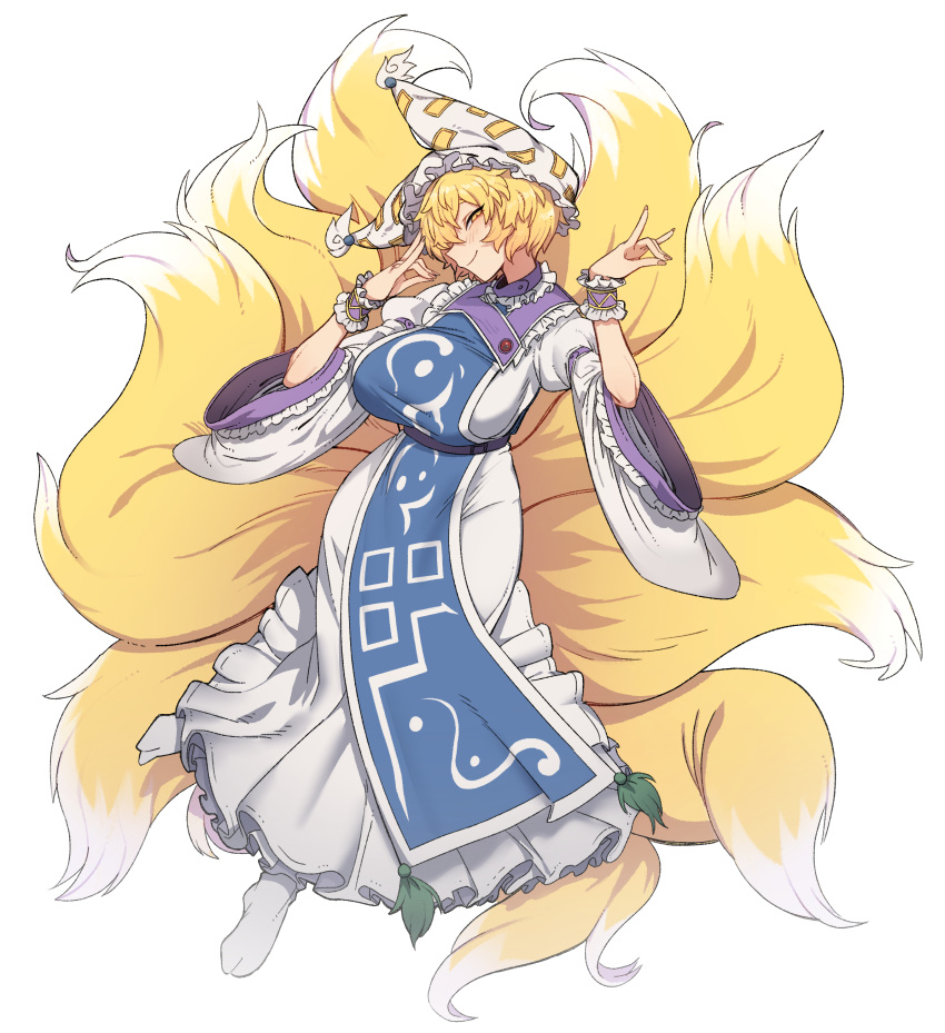 1girl absurdres blonde_hair breasts closed_mouth commentary_request dress fox_shadow_puppet fox_tail full_body hat highres kitsune kyuubi large_breasts long_sleeves looking_at_viewer multiple_tails nyong_nyong pillow_hat short_hair simple_background smile socks solo tabard tail touhou white_background white_dress white_headwear white_socks wide_sleeves wrist_cuffs yakumo_ran