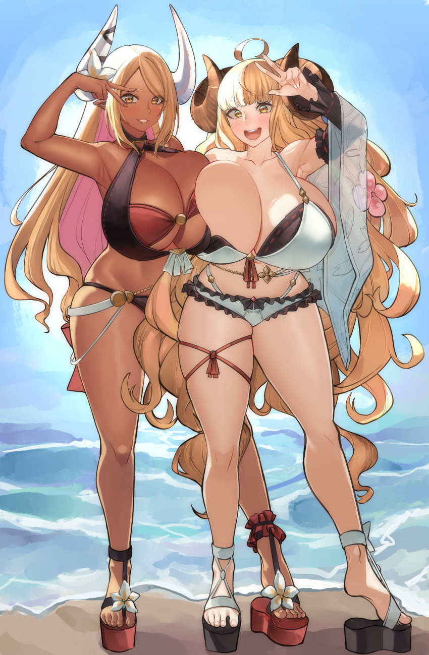 2girls :d ahoge anila_(granblue_fantasy) anila_(summer)_(granblue_fantasy) anklet asymmetrical_docking bangs beach bikini blonde_hair blood_hood blunt_bangs breast_press breasts cleavage colored_inner_hair curled_horns dark-skinned_female dark_skin detached_sleeves draph flower frilled_bikini frills granblue_fantasy grin hair_flower hair_ornament halterneck highres horn_ornament horn_ribbon horns huge_breasts jewelry kumbhira_(granblue_fantasy) kumbhira_(summer)_(granblue_fantasy) layered_bikini leg_ribbon long_hair multicolored_hair multiple_girls ocean parted_bangs pink_hair platform_footwear pointy_ears ribbon sandals smile swimsuit thigh_ribbon two-tone_hair v v_over_eye very_long_hair wavy_hair yellow_eyes