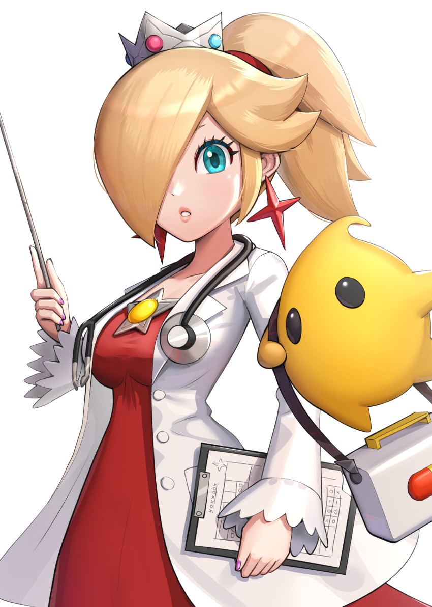 1girl bangs blonde_hair blue_eyes breasts brooch clipboard collarbone crown doctor dress earrings first_aid_kit gonzarez hair_over_one_eye highres holding holding_clipboard holding_wand jewelry lips looking_at_viewer luma_(mario) mario_(series) medium_breasts nail_polish parted_lips pink_lips pink_nails ponytail red_dress rosalina star_(symbol) star_brooch star_earrings stethoscope wand white_background
