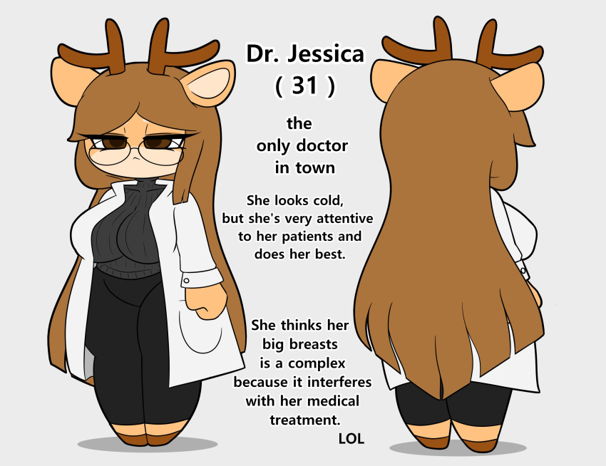 2022 anthro breasts cervid clothed clothing doctor dr._jessica_(tonytoran) english_text eyewear female glasses hi_res mammal model_sheet solo text tonytoran