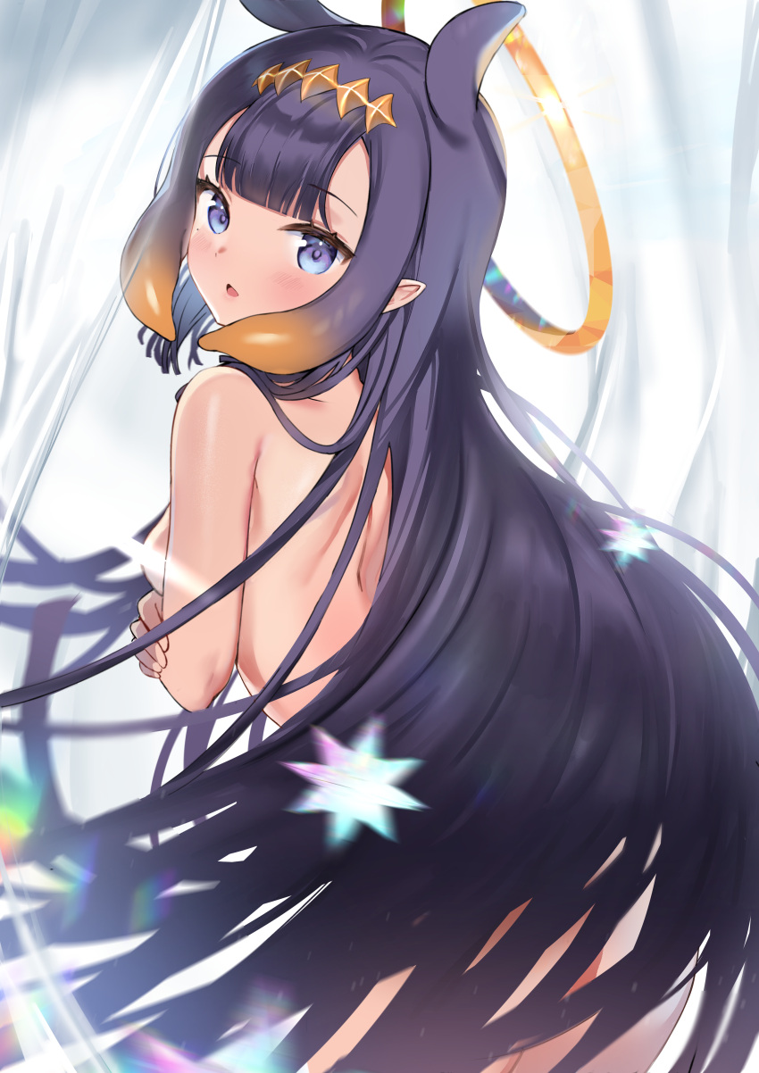 1girl :o absurdres animal_ears ass bangs blush breasts completely_nude cowboy_shot dan_gan from_behind halo highres hololive hololive_english leaning_forward long_hair medium_breasts ninomae_ina'nis nude pointy_ears purple_eyes solo tentacle_hair virtual_youtuber white_background