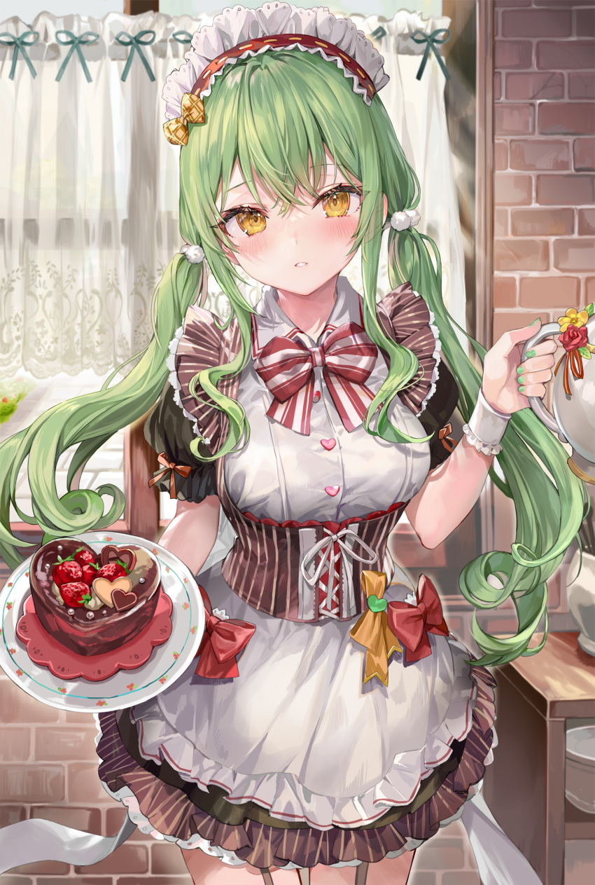 1girl apron bow bowtie breasts brown_dress cake cowboy_shot dress food garter_straps green_hair highres holding long_hair looking_at_viewer low_twintails maid maid_apron maid_headdress medium_breasts momoko_(momopoco) orange_eyes original plate short_sleeves solo striped striped_dress twintails underbust wrist_cuffs yukari_(momoko)