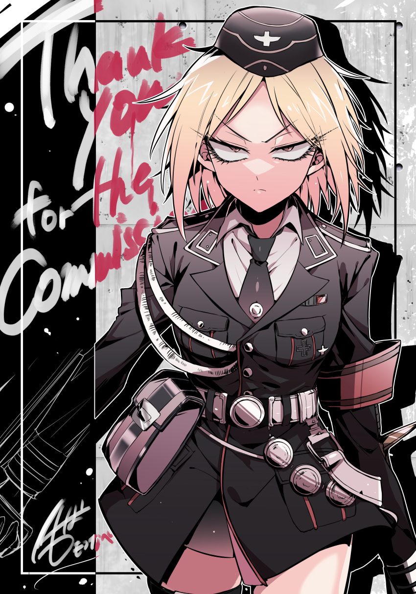 1girl absurdres angry blonde_hair breasts brown_eyes commission cowboy_shot erotunabe garrison_cap girls'_frontline hat highres long_sleeves looking_at_viewer military military_hat military_uniform mp40_(girls'_frontline) necktie red_armband saber_(weapon) shirt short_hair signature skeb_commission solo sword uniform watermark weapon