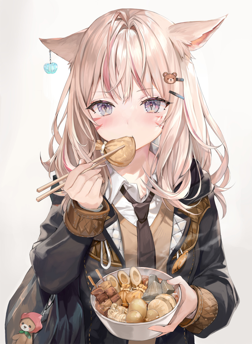 1girl animal_ear_fluff animal_ears avatar_(ff14) bag bangs bear bear_hair_ornament black_hoodie black_necktie blonde_hair blue_eyes blush bowl cat_ears chopsticks collared_shirt earrings eating facial_mark final_fantasy final_fantasy_xiv food green_eyes hair_between_eyes hair_ornament hairclip highres holding holding_bowl holding_chopsticks hood hoodie jewelry long_hair long_sleeves looking_at_viewer miqo'te momoko_(momopoco) multicolored_eyes multicolored_hair necktie purple_eyes red_hair shirt simple_background solo standing two-tone_hair whisker_markings white_background white_shirt