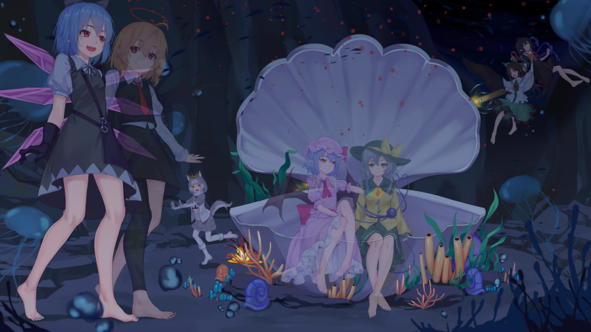 &gt;_&lt; 6+girls absurdres advent_cirno alternate_eye_color animal_ears aoi_(buzhuen444) arm_cannon ascot asymmetrical_wings barefoot bat_wings bird_wings black_bow black_dress black_hair black_skirt black_vest blonde_hair blue_eyes blue_hair blue_wings boots bow bowtie brown_hair brown_wings buttons cape center_frills cirno clam closed_mouth collared_shirt commentary_request control_rod coral crossover crown diamond_button dog_(mixed_breed)_(kemono_friends) dog_ears dog_girl dog_tail dress eyeball feet fish frilled_dress frilled_shirt frilled_shirt_collar frilled_skirt frilled_sleeves frills full_body green_bow green_eyes green_headwear green_skirt grey_hair grey_skirt hair_bow hat hat_bow hat_ribbon heart heart_of_string heterochromia highres houjuu_nue jellyfish kemono_friends komeiji_koishi legs long_hair long_sleeves mob_cap multiple_girls nail_polish necktie open_mouth pantyhose pink_headwear pink_shirt pleated_skirt pointy_ears puffy_short_sleeves puffy_sleeves red_ascot red_bow red_bowtie red_eyes red_halo red_necktie red_ribbon red_wings reiuji_utsuho remilia_scarlet ribbon rumia scarf school_of_fish shirt short_dress short_hair short_sleeves skirt skirt_set smile snail tail third_eye toenail_polish toenails toes touhou underwater vest walking water wavy_hair weapon white_cape white_footwear white_pantyhose white_scarf white_shirt wings yellow_bow yellow_eyes yellow_shirt