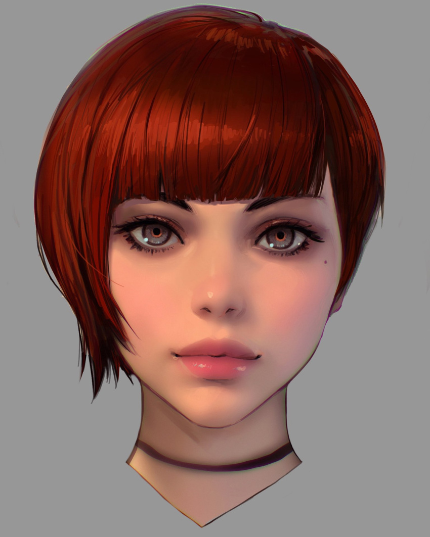 1girl asymmetrical_hair bangs blunt_bangs choker cropped_shoulders grey_background grey_eyes head_only highres ilya_kuvshinov light_smile lips looking_at_viewer mole nose original realistic red_hair short_hair simple_background solo