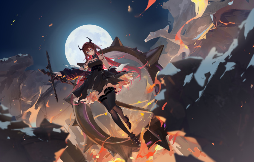 1girl absurdres arknights bare_shoulders belt belt_buckle black_belt black_collar black_dress black_footwear black_jacket black_thighhighs buckle chinese_commentary closed_mouth collar commentary_request dated demon_girl demon_horns dress fire frown full_body full_moon hair_between_eyes highres holding holding_sword holding_weapon horns infection_monitor_(arknights) jacket laozu long_hair looking_at_viewer moon off_shoulder outdoors purple_eyes red_hair shoes sidelocks signature sleeveless sleeveless_dress solo surtr_(arknights) sword thighhighs very_long_hair weapon