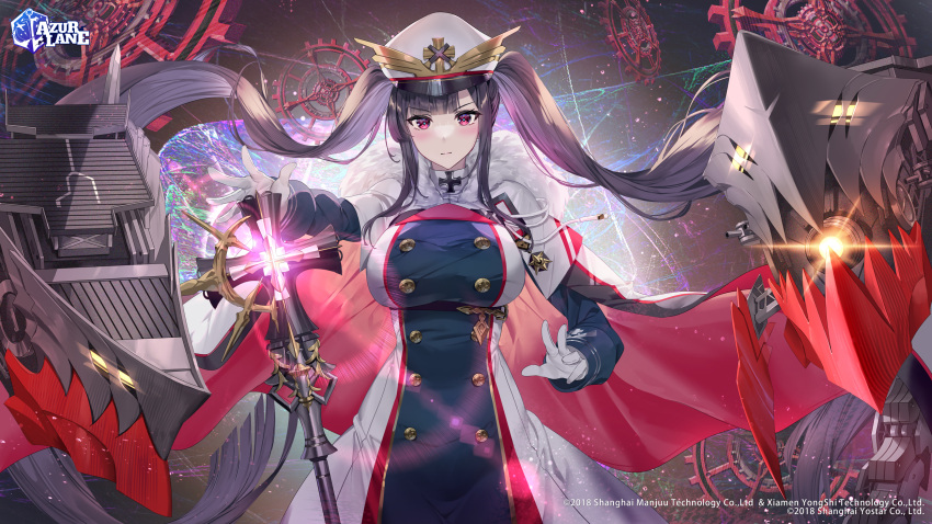 1girl azur_lane bangs black_hair blue_dress blunt_bangs blush breasts buttons cape closed_mouth commentary copyright_name cowboy_shot cross double-breasted dress english_commentary floating_hair foreshortening gears gloves glowing glowing_weapon hat highres holding holding_scepter impossible_clothes iron_cross large_breasts light_smile logo long_hair looking_at_viewer military_hat official_art outstretched_hand peaked_cap peter_strasser_(azur_lane) red_eyes rigging scepter second-party_source sidelocks solo twintails two-tone_dress v-shaped_eyebrows very_long_hair watermark weapon white_cape white_dress white_gloves white_headwear yoshimoto_(dear_life)