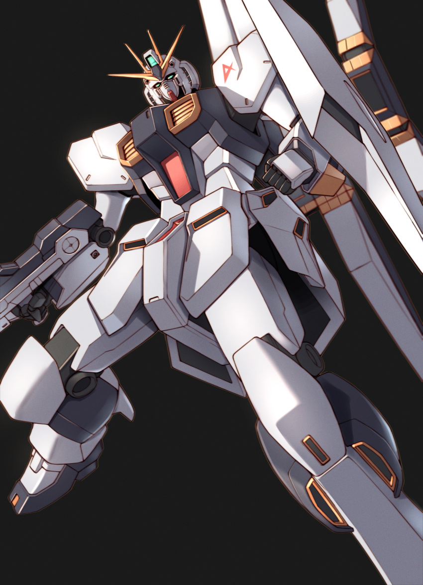 absurdres beam_rifle black_background char's_counterattack clenched_hand energy_gun fin_funnels foot_out_of_frame from_below green_eyes gundam highres insignia mecha mobile_suit no_humans nu_gundam robot science_fiction shield simple_background solo takahashi_masaki v-fin weapon
