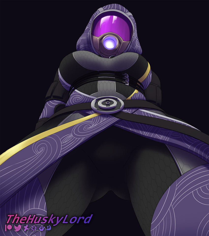 armor belt big_breasts black_background breasts butt_from_the_front clothing headgear helmet hi_res hood looking_down low-angle_view mask mass_effect simple_background suit tali'zorah video_games